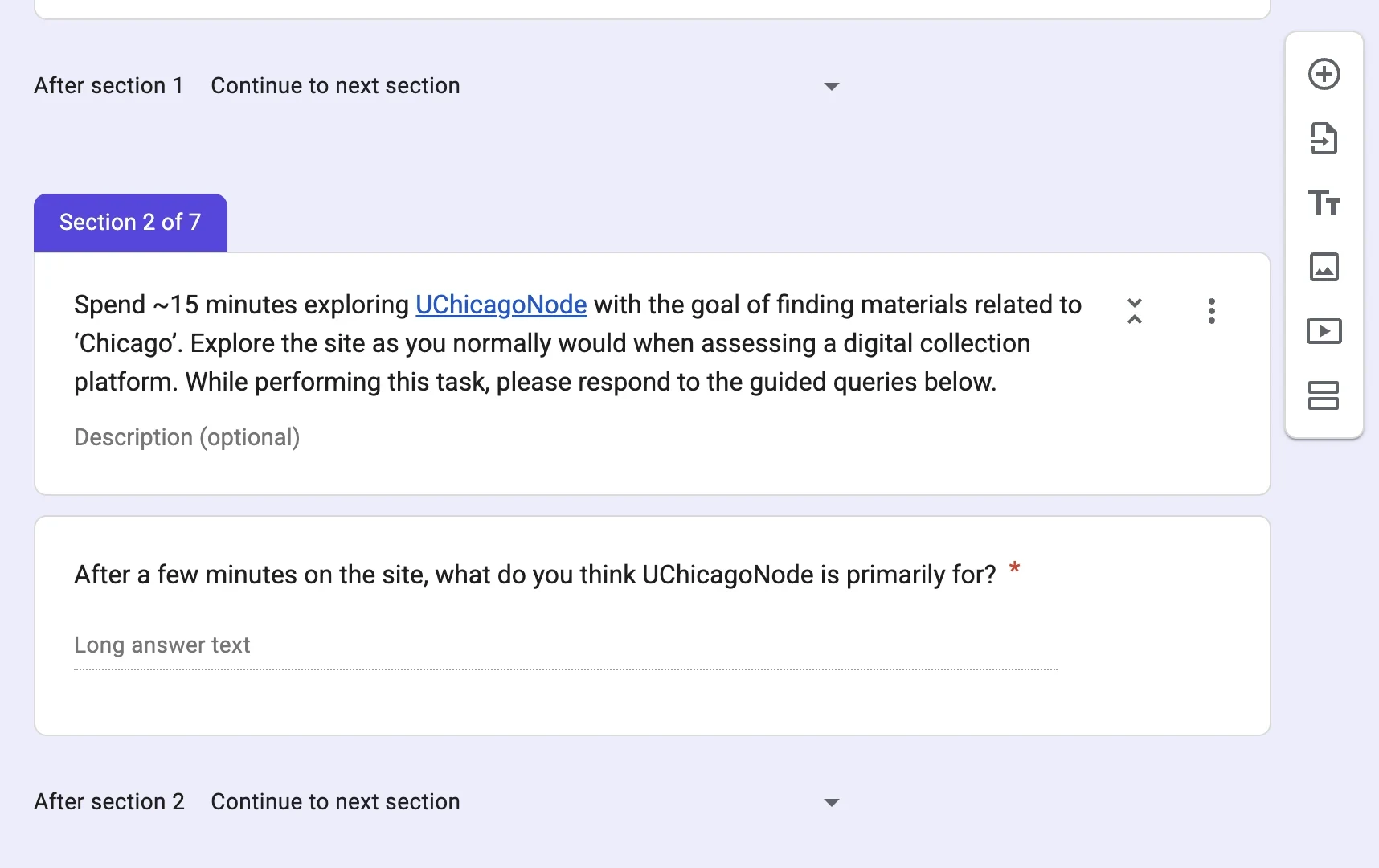 Google Form showing Section 2 of 7 of the UChicagoNode pre-launch survey